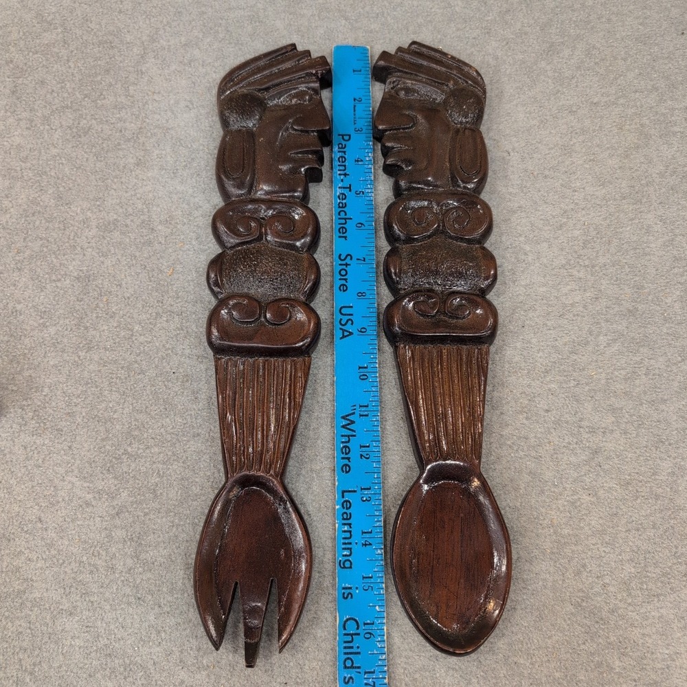 Vintage Hand Carved Wood Tribal Fork and Spoon Wall Art Set Dark Brown Decor - Picture 5 of 7